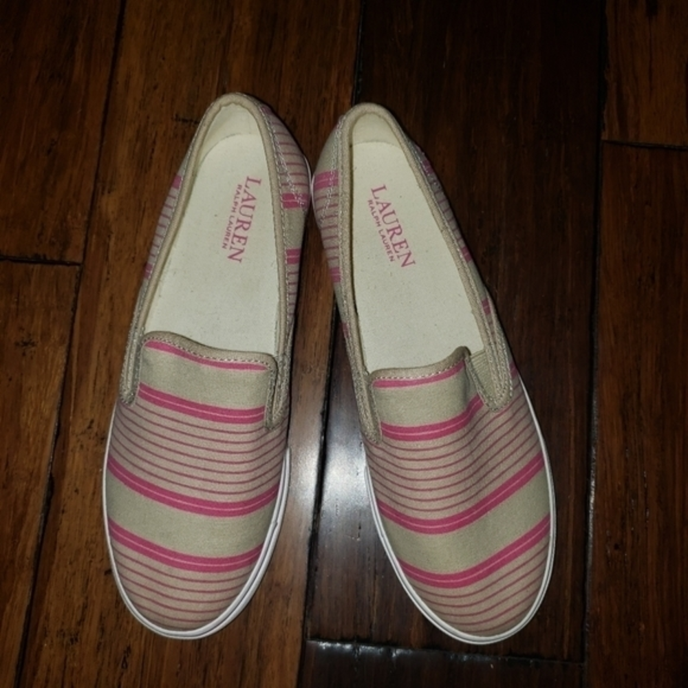 RALPH LAUREN Janis 7.5‎ pink/tan canvas deck shoes
